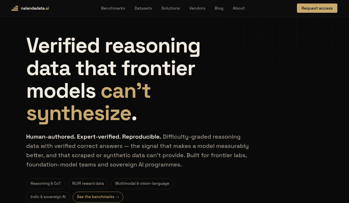 Nalandadata homepage showing verified reasoning data for frontier models